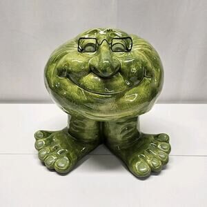 Vintage Handmade Funny Face Troll Ceramic Planter Green Garden Gnome Yard Art